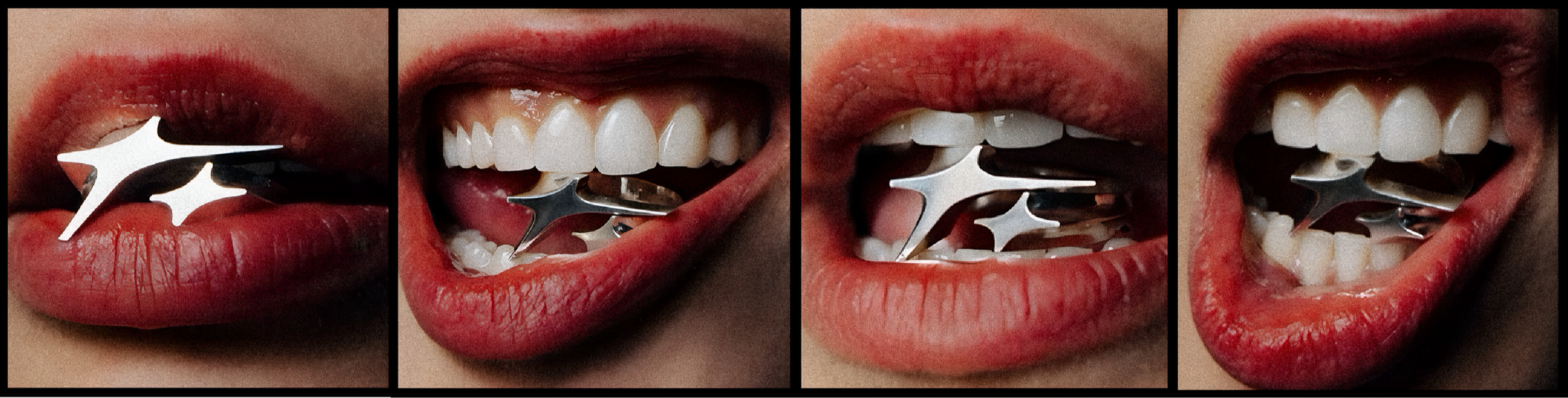 Close-up of lips with FUMF sterling silver star ring between teeth or lips in different positions. Bold. Sharp.