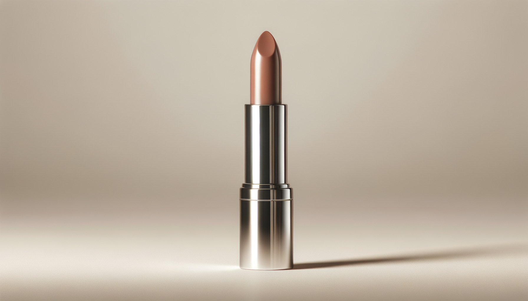 A tube of nude lipstick with a shiny metallic gold casing on a neutral beige surface.