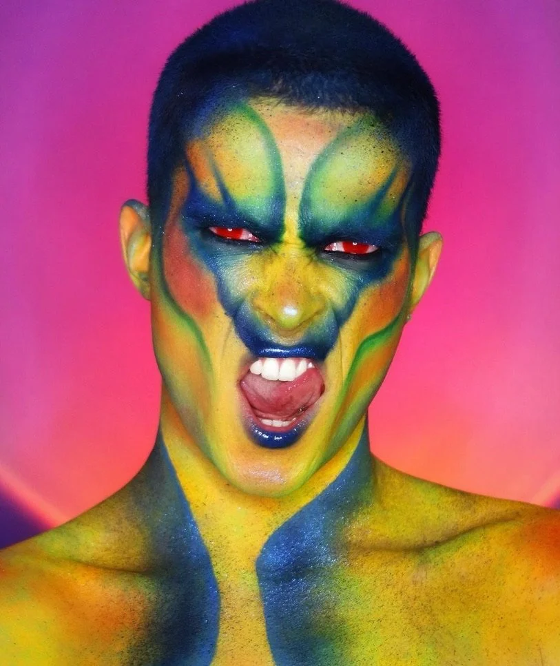 Person with colorful face paint, fierce expression, eyes with red contact lenses, standing against a pink and orange background.