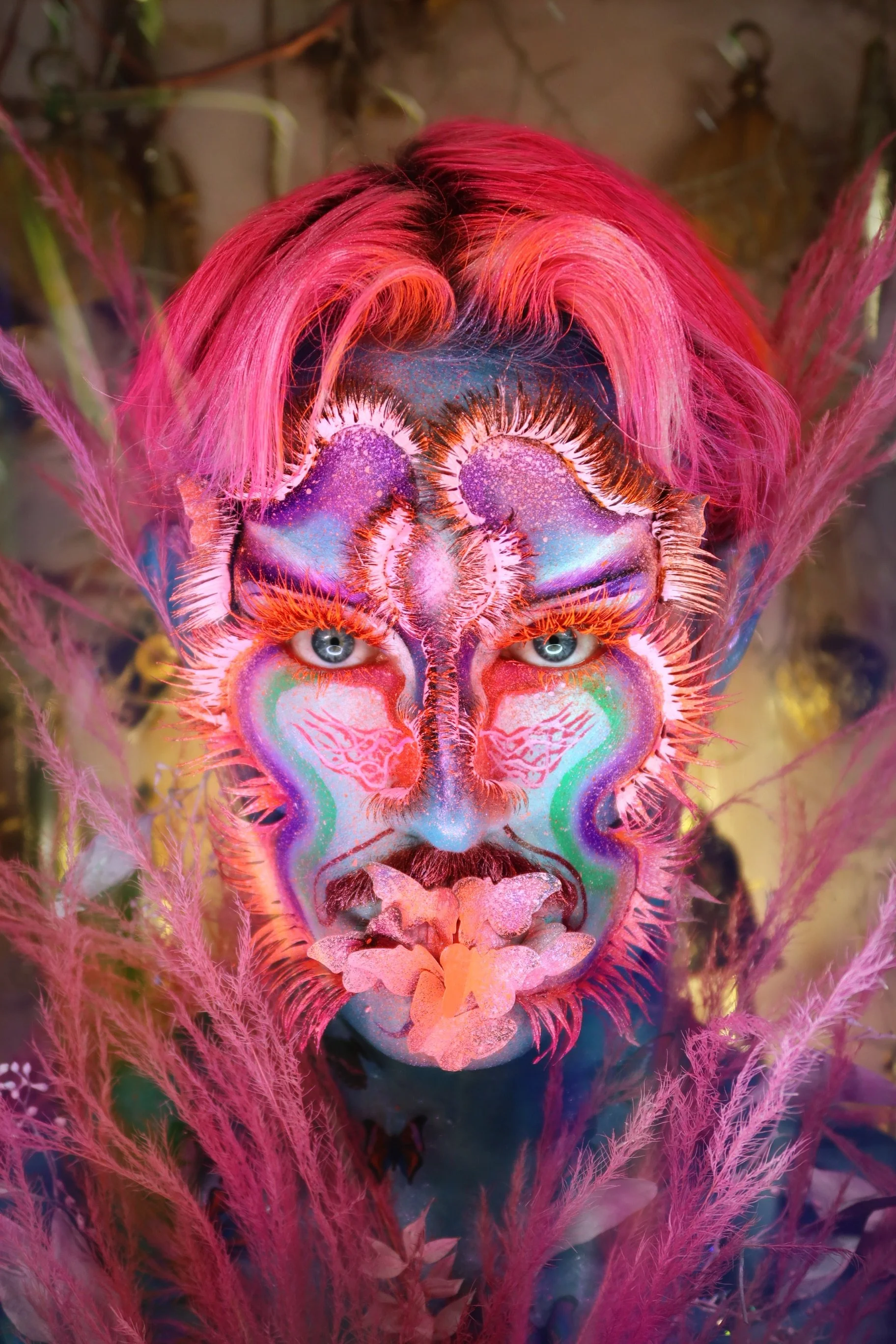 Close-up of a person's face with colorful, abstract makeup and neon pink hair, surrounded by pink feathers.