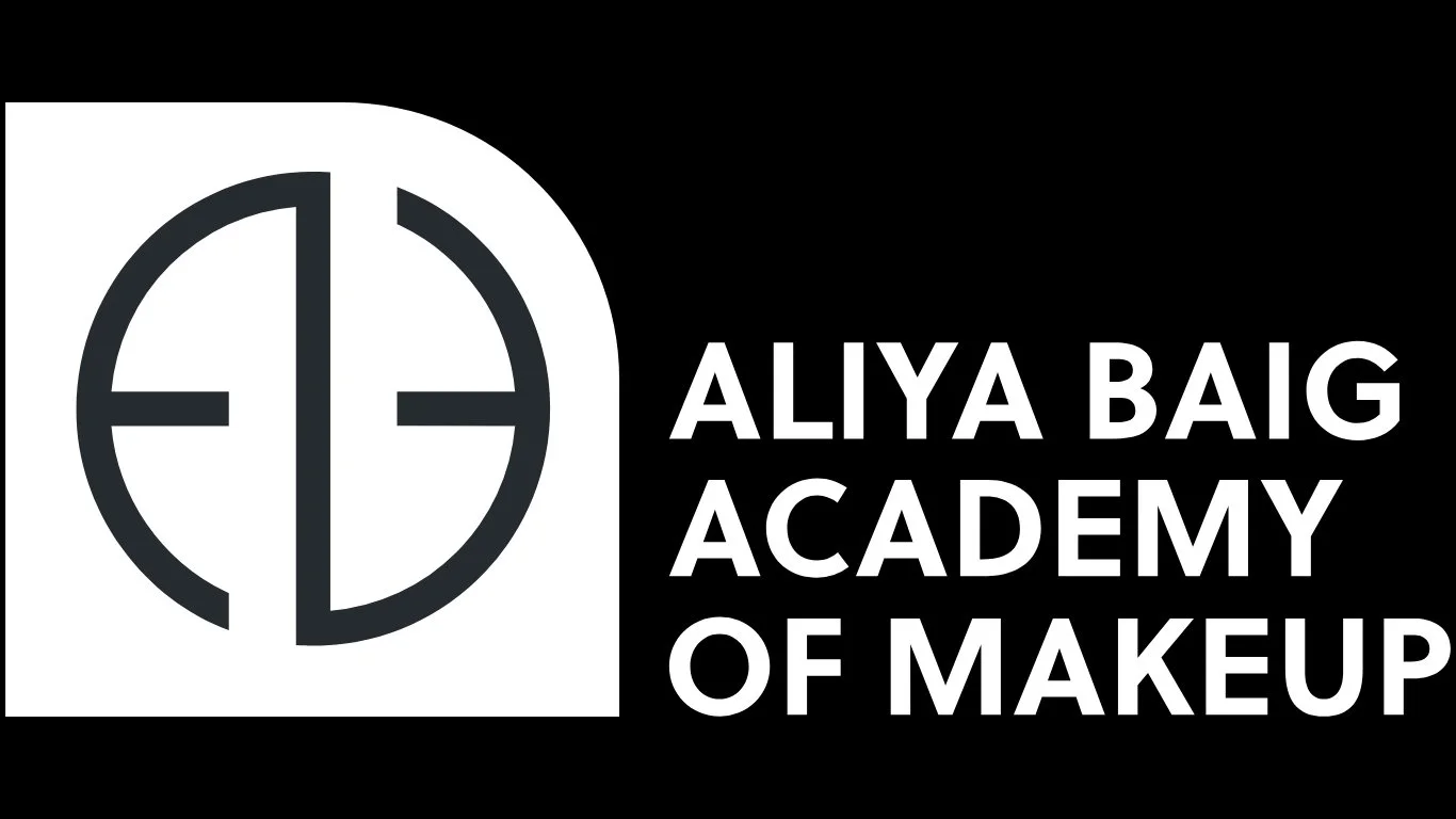 Logo for Aliya Baig Academy of Makeup featuring a circled face with stylized eyes and lips and the text 'Aliya Baig Academy of Makeup' in bold white letters on a black background.