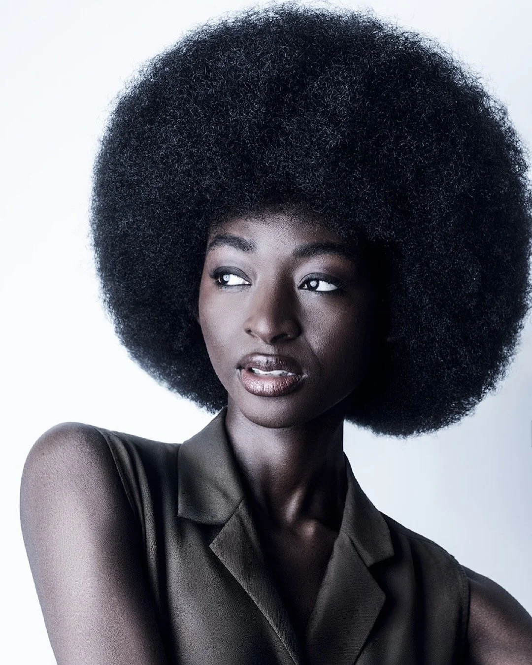 Portrait of a Black woman with a large natural Afro hairstyle, wearing a sleeveless black top against a plain white background.