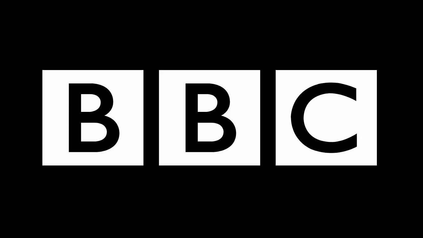 BBC logo with black letters on white background and black border.
