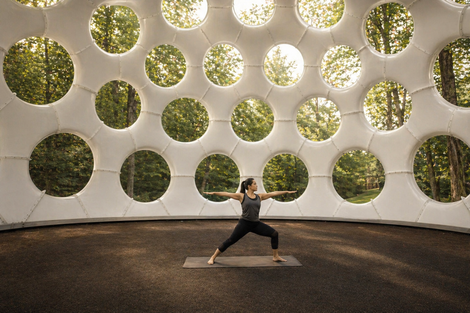 A woman practicing yoga outdoors in a modern circular structure with large round holes, surrounded by trees, during daytime as an example of Whole Health in Museums.