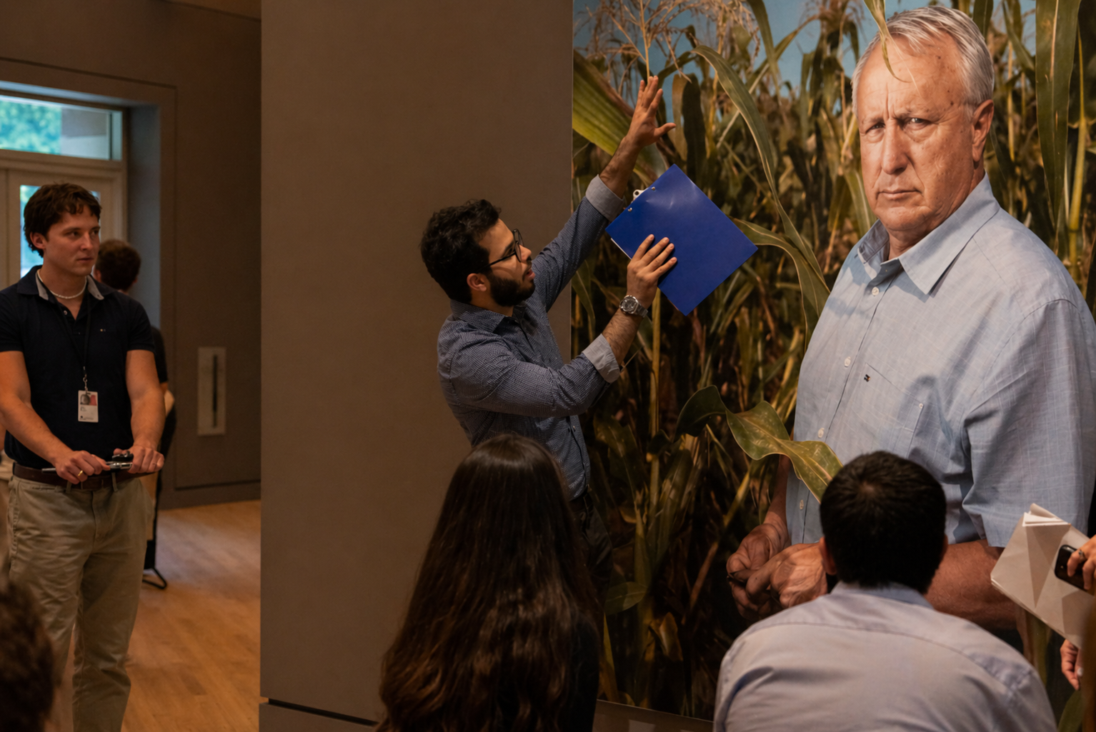 A group of people at an indoor presentation or gallery, with a large poster of a man in a cornfield. One person is pointing at the poster, others are observing or taking notes.