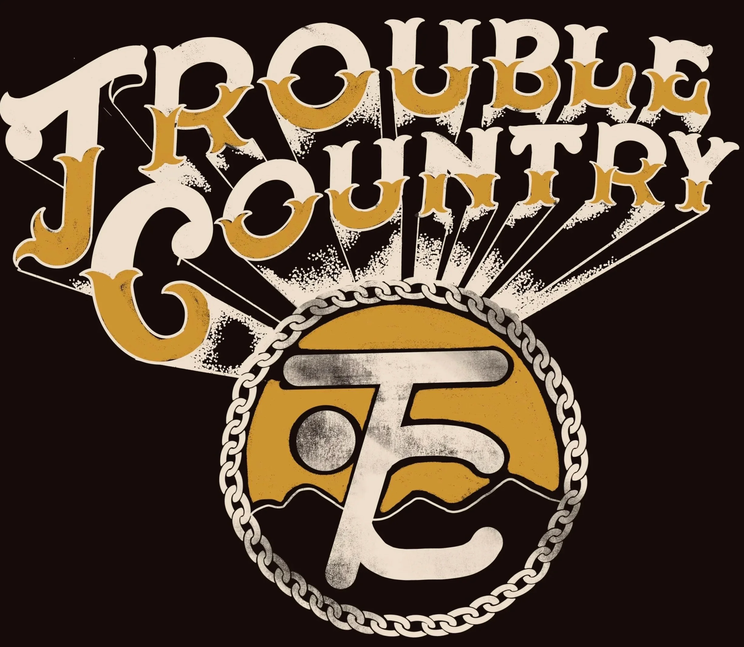 A graphic design featuring a stylized illustration of the podcast Trouble County