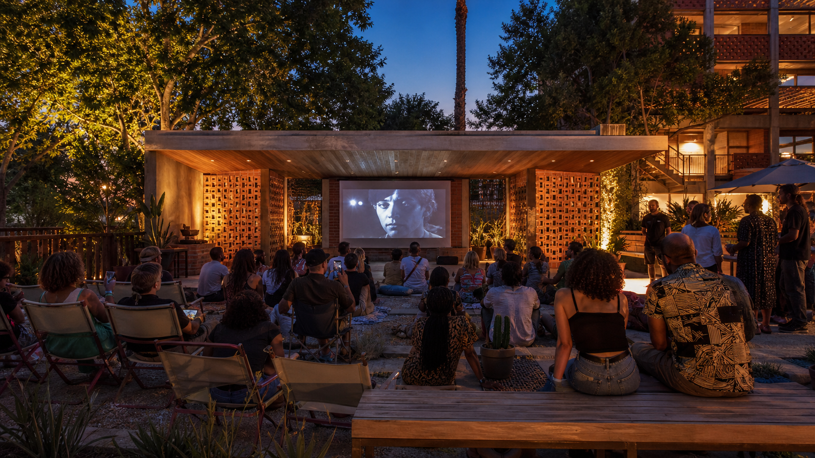An outdoor movie screening at dusk with a diverse group of people watching a black-and-white film on a large screen in a courtyard surrounded by trees and illuminated by warm lighting.