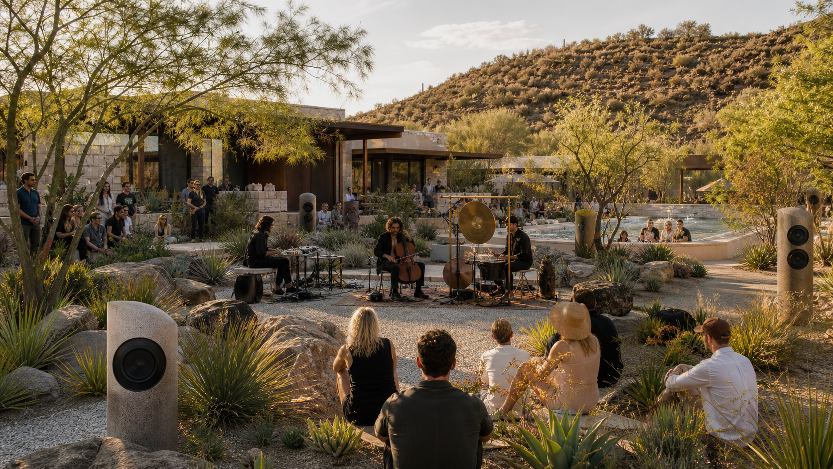 An outdoor concert scene at sunset, with musicians playing instruments including a cello, drums, and electronic equipment, surrounded by an audience seated on rocks and standing in a desert-like setting with cacti, rocks, and desert plants, in front of a modern building with hills in the background.