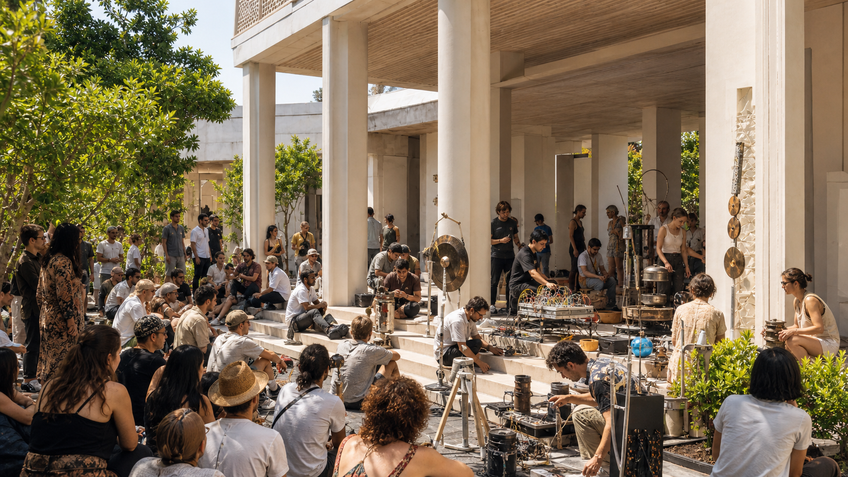 A large group of people gathered outdoors on the steps of a building with white pillars. Some are seated on the ground, some are standing, and some are actively working with electronic equipment. The setting appears to be a public event or demonstration, with trees and lush greenery around.