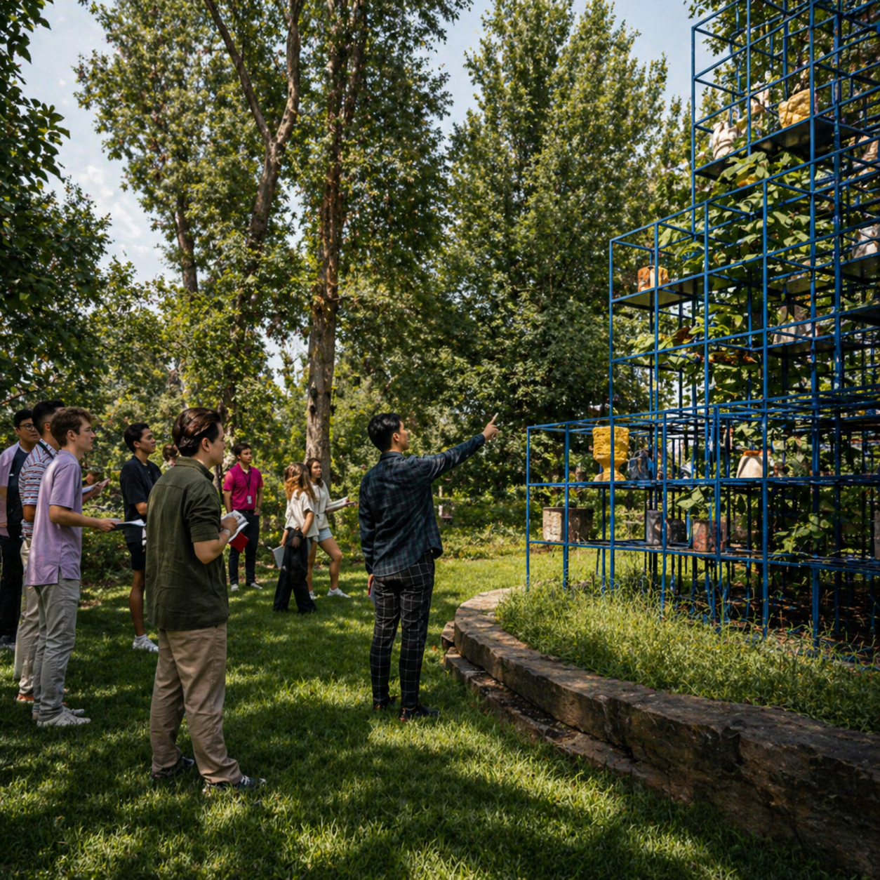A group of medical students listening to a tour guide in a park, with tall trees and a blue sculpture structure with various objects inside.