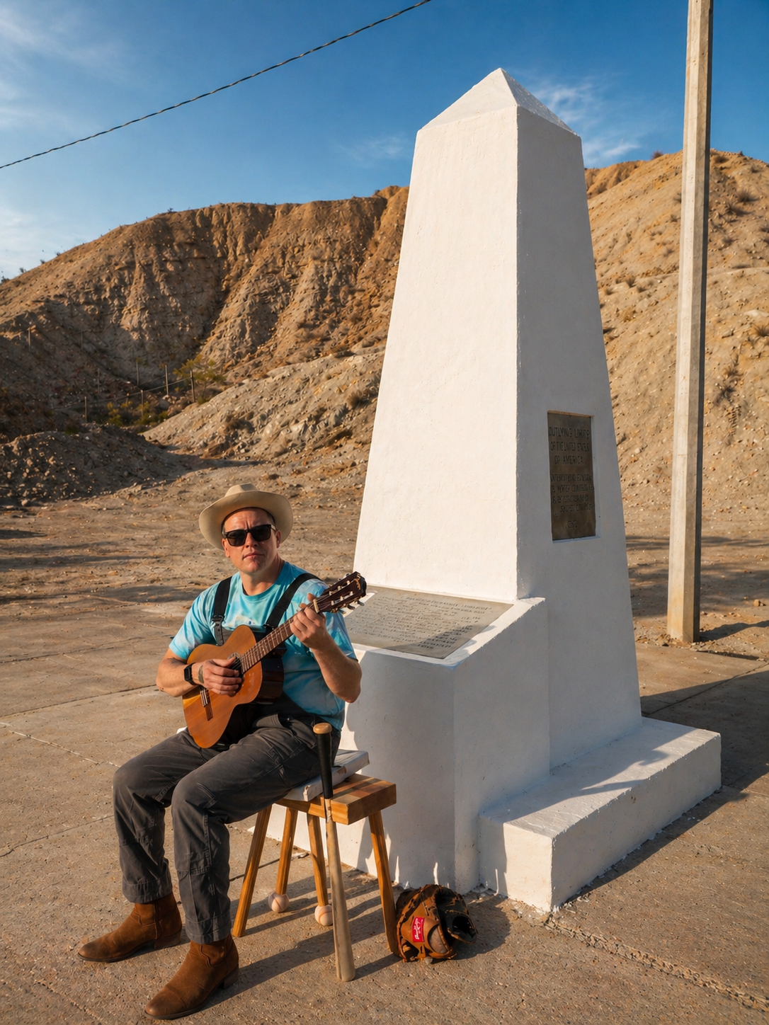 A man wearing sunglasses, a hat, and casual clothing is sitting on a small wooden stool, playing an acoustic guitar. He is outdoors next to a white monument with a plaque, with a rugged, desert-like landscape and some hills in the background.