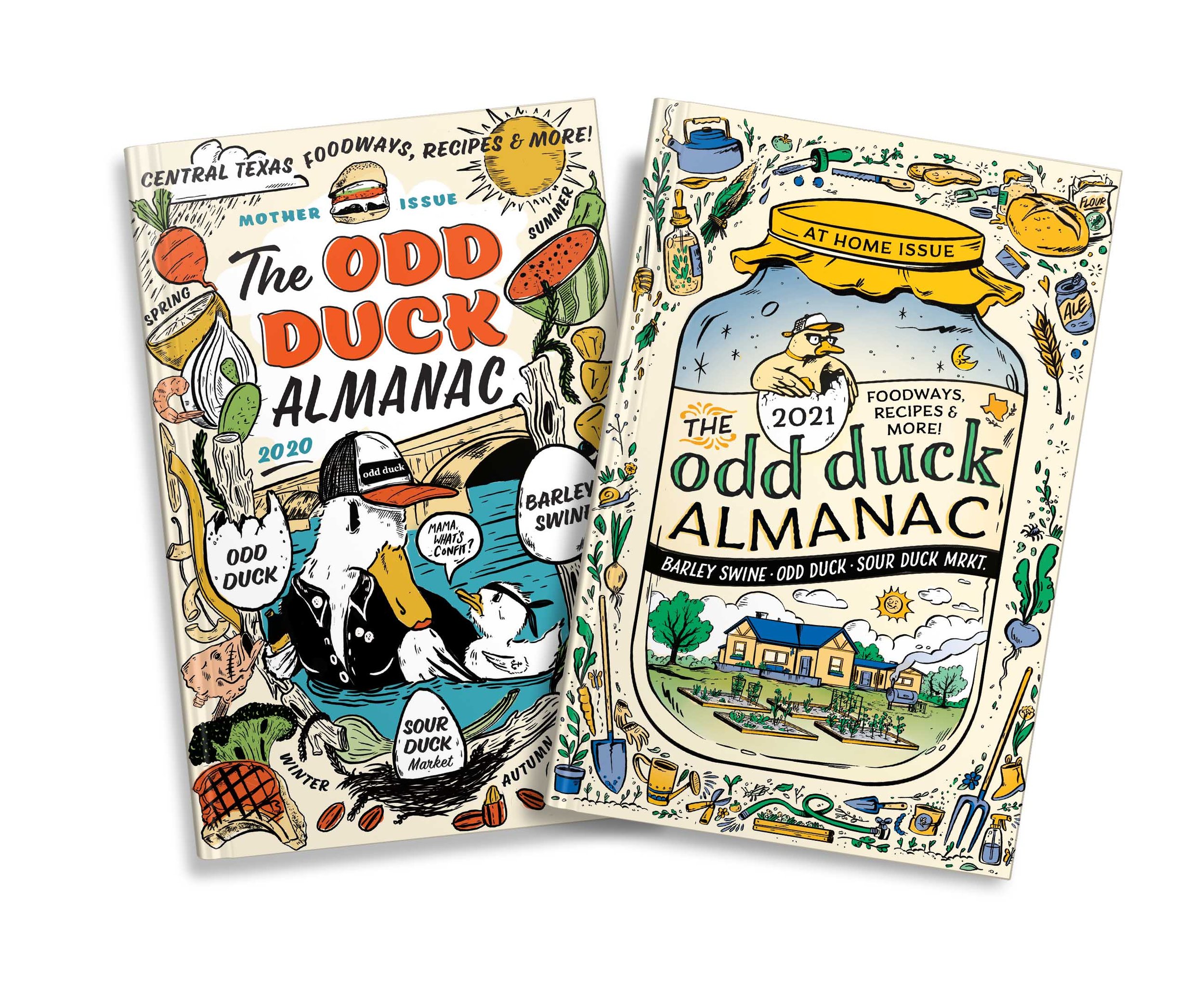 Colorful illustrated magazine cover featuring farm and food images, with titles related to Odd Duck Almanac and Central Texas foodways.