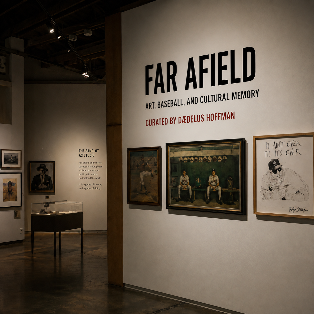 An art exhibit titled 'FAR AFIELD' featuring artwork related to baseball, cultural memory, and art. The display includes paintings and drawings, with some pieces depicting baseball players and related themes, and is curated by Dædellus Hoffman.