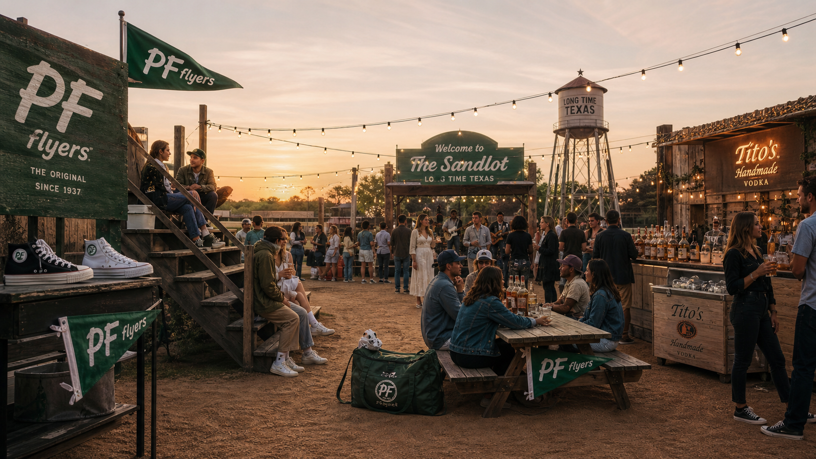 People gather at an outdoor event during sunset in a rustic Texas setting. Some sit at picnic tables, while others stand near a bar with whiskey bottles. There are string lights, flags, a water tower, and a stage with musicians. The signs read "Welcome to The Sandlot", "PF Flyers", and "Tito's Handmade Vodka."