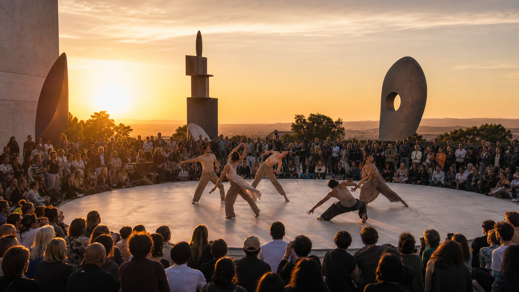 Dancers performing a contemporary dance on an outdoor circular stage during sunset, surrounded by a large audience, with modern sculptures and a scenic landscape in the background.