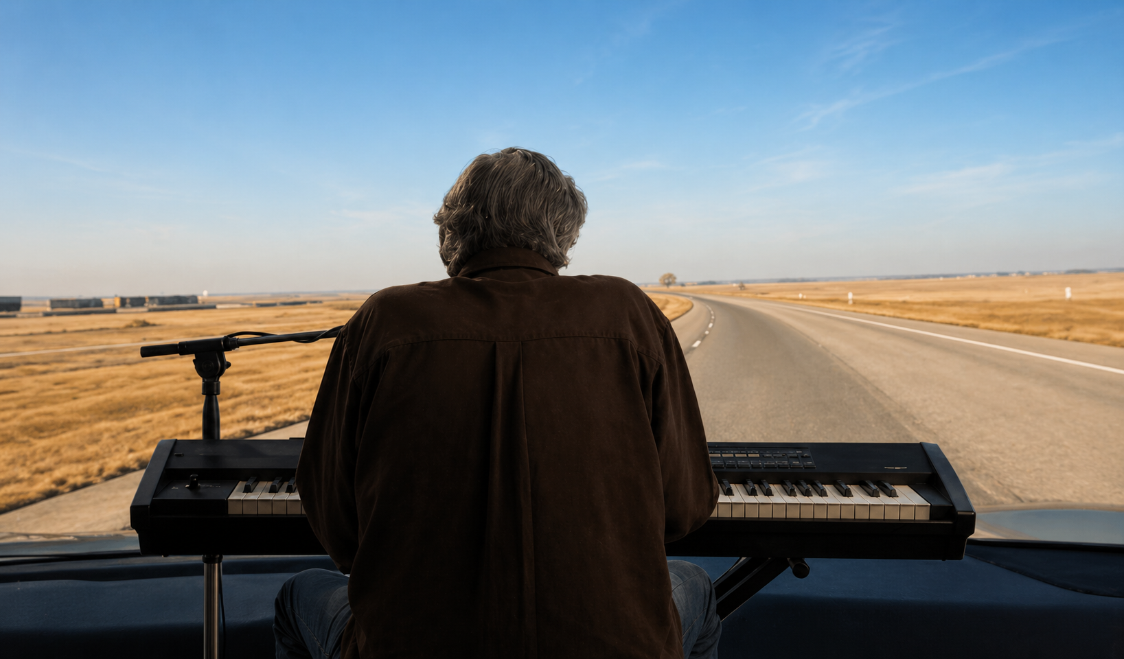 A person with gray hair sits on a car dashboard playing a keyboard on a road trip in a rural landscape under a blue sky.