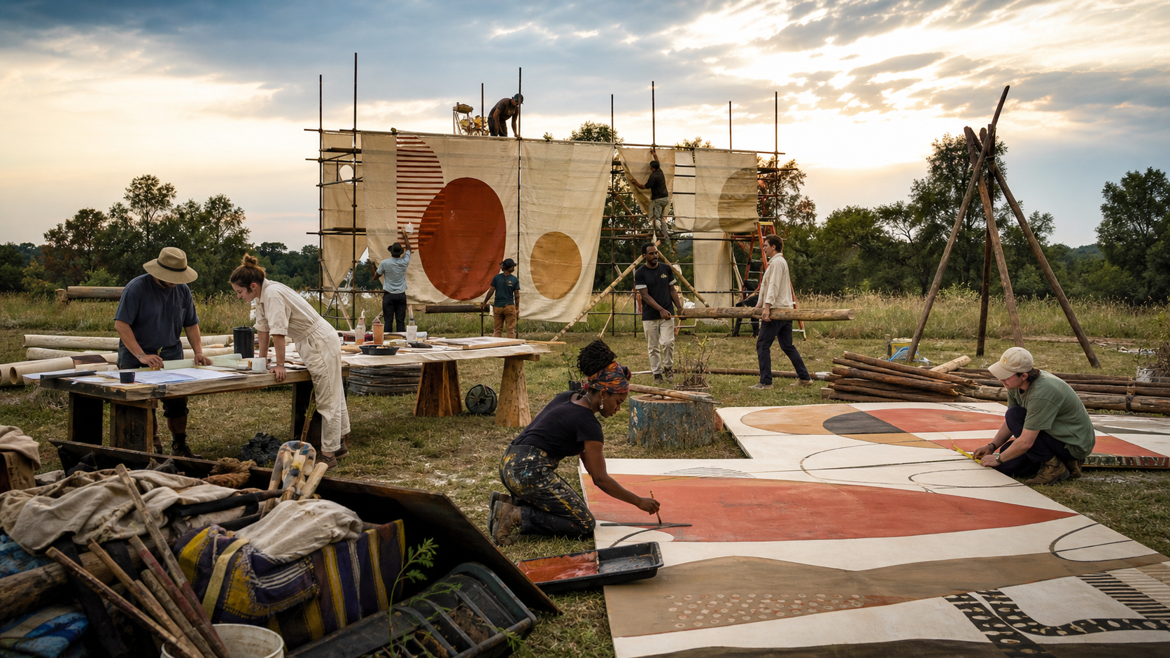 People working together on art and construction projects outdoors during sunset, with scaffolding, paintings, and art supplies visible.