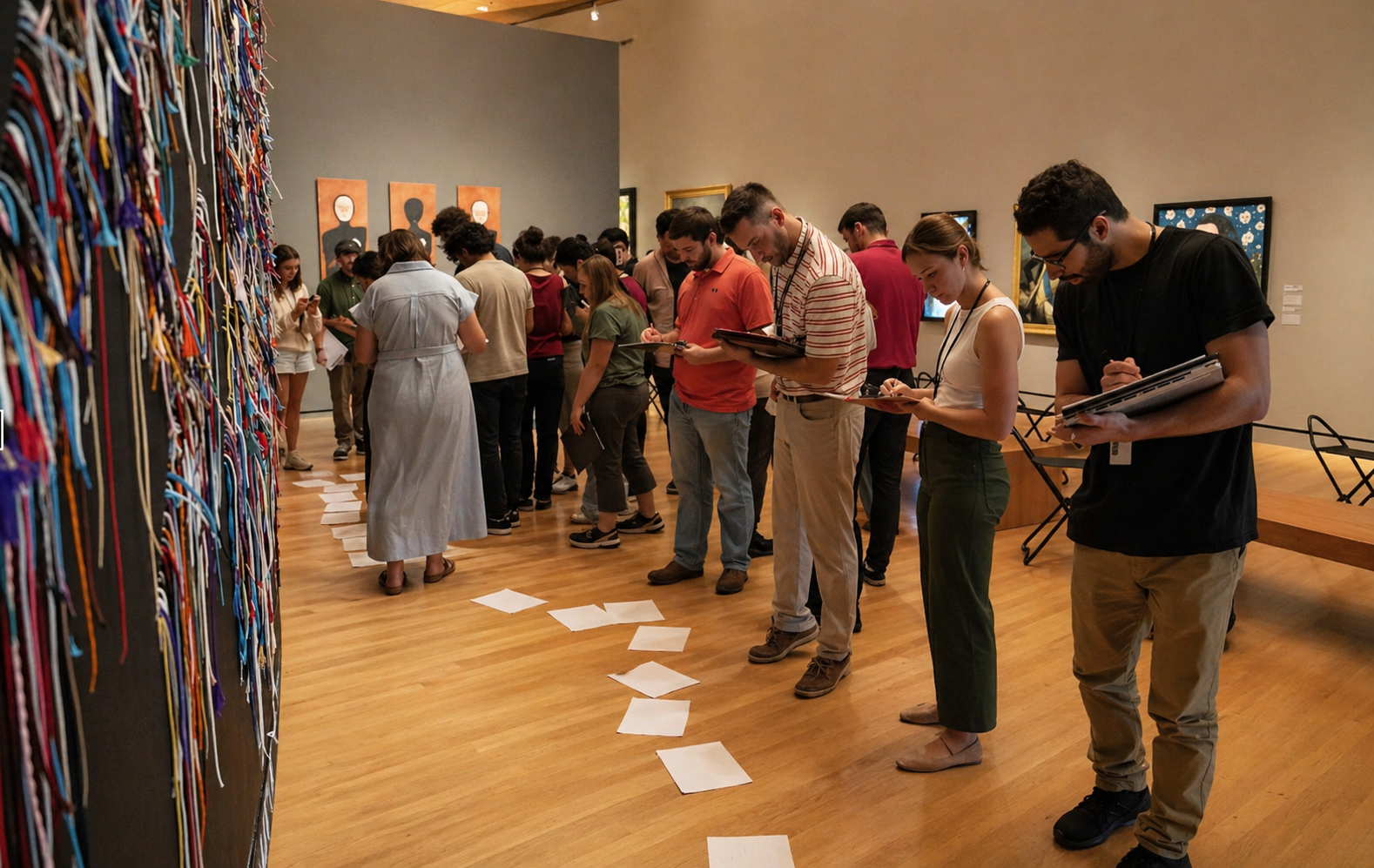 Group of people standing in line inside an art gallery, observing and reading about artworks on display, with sheets of paper on the floor.