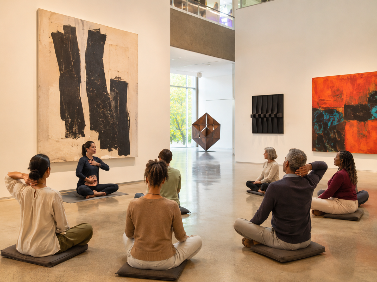 A group of people seated on mats in a modern art gallery, participating in a meditation or yoga session led by a woman sitting cross-legged with her hand on her chest. The gallery has large abstract paintings on the walls and sculptures in the background.