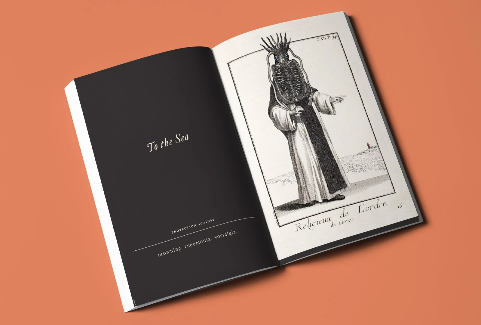 Open book showing a black page with the words "To the Sea" on the left and a black-and-white illustration of a person with a sea creature head dressed in robes on the right.