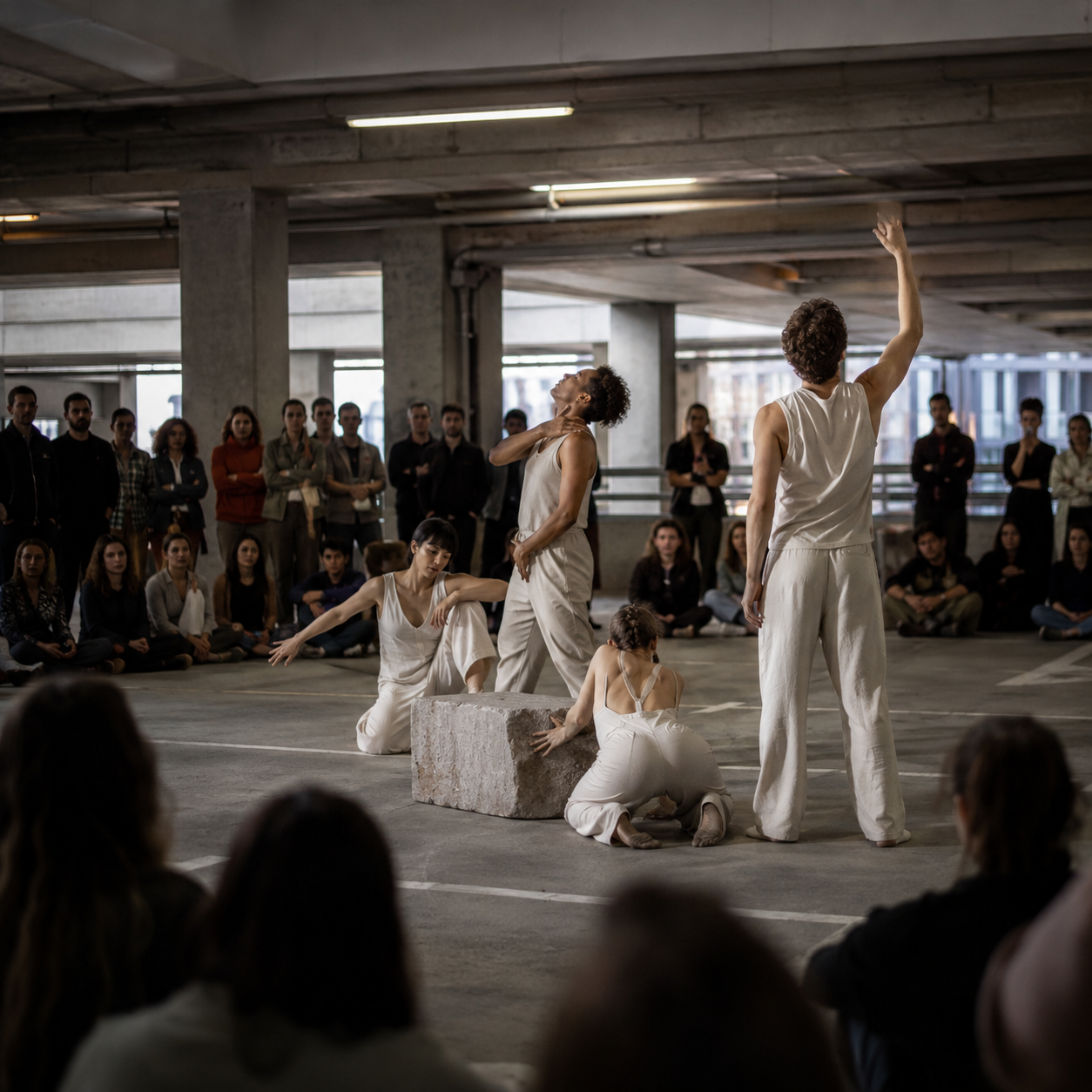 Dance performance in a parking garage with five dancers wearing white outfits, surrounded by an audience sitting on the ground and standing behind concrete pillars.