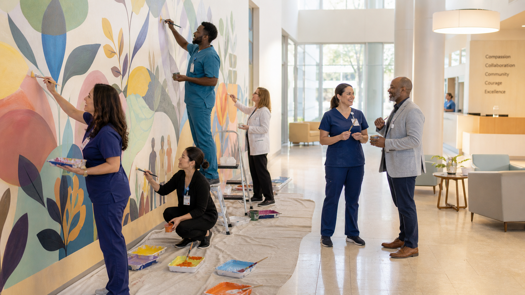 Medical professionals and staff painting a large mural with colorful floral and abstract designs on a wall in a hospital lobby, while two staff members engage in conversation.