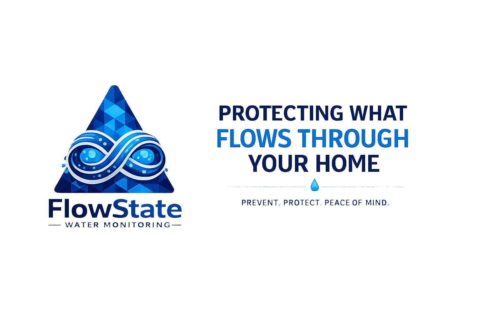 Graphic with blue geometric mountain and infinity symbol, with text 'Protecting what flows through your home' and water droplet icons, emphasizing water quality and home protection