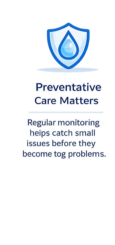 A graphic with a shield and water droplet icon at the top, followed by the text "Preventative Care Matters" and a paragraph about regular monitoring helping catch small issues early.