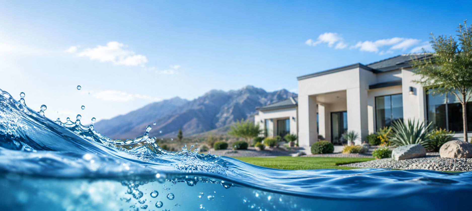 Modern house with a landscaped yard and mountains in the background, with a focus on the water in the foreground.