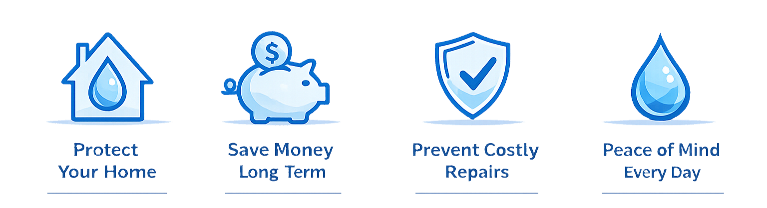 Infographic illustrating water savings, financial savings, protection, and conservation in home water use, with icons of water drop, piggy bank, shield, and water droplet.