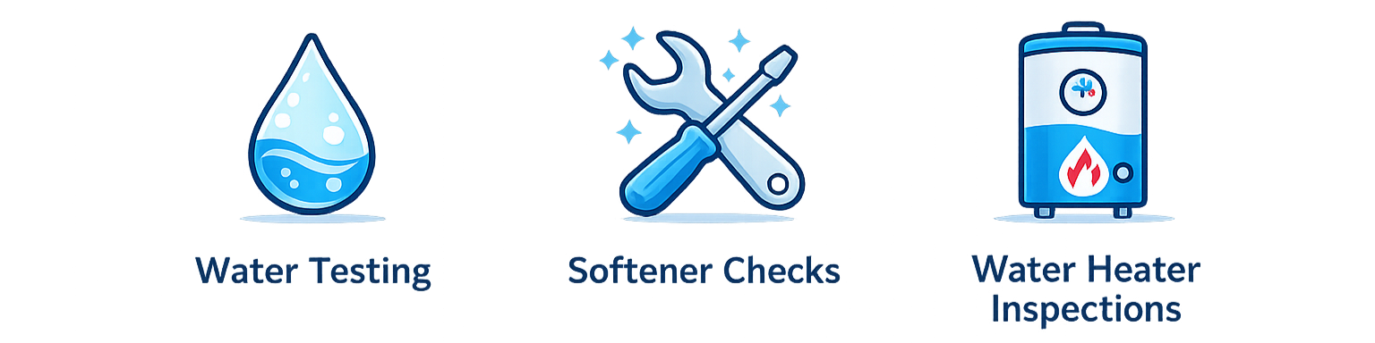 Icons representing water testing, system checks with a wrench and screwdriver, and water heater inspections.