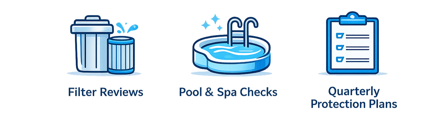 Illustration of three steps for pool maintenance: Filter Reviews, Pool & Spa Checks, Quarterly Protection Plans.