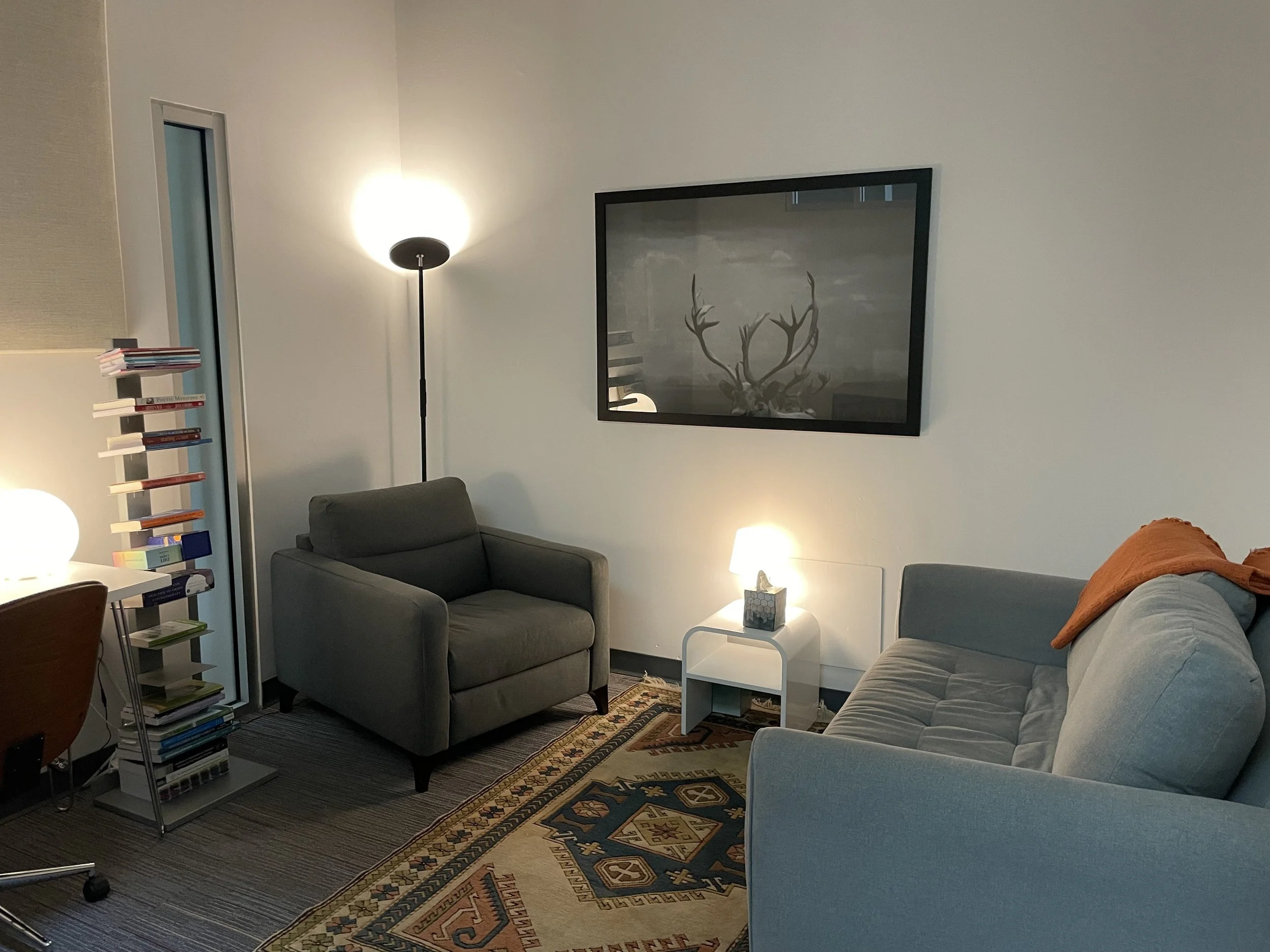 A cozy living room with a gray sofa, a blue armchair, a white side table with a tissue box, a patterned area rug, a floor lamp, a bookshelf with books, and a framed picture of a deer with antlers on the wall.
