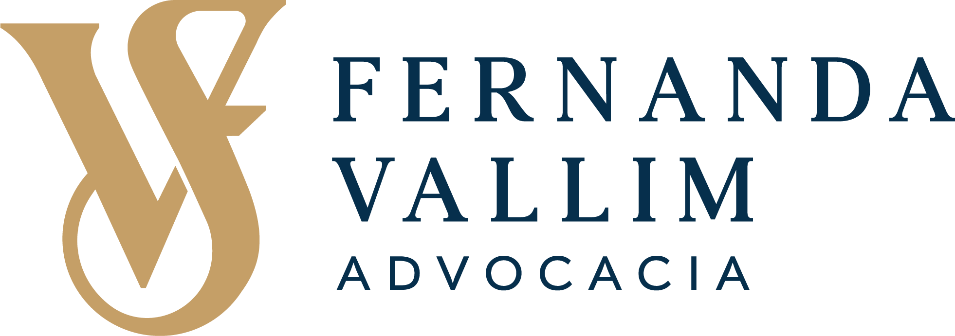 Logotipo com as iniciais VFV estilizadas em cor dourada ao lado do nome Ferdanda Vallim Advocacia em azul escuro.