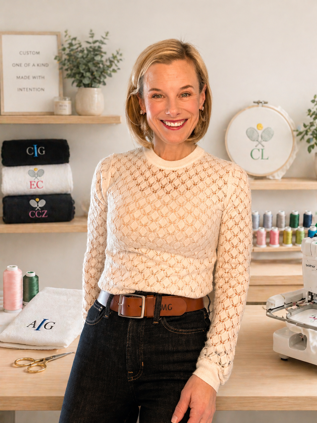 A woman smiling in a sewing or embroidery workspace with spools of thread and embroidered towels with initials in the background.