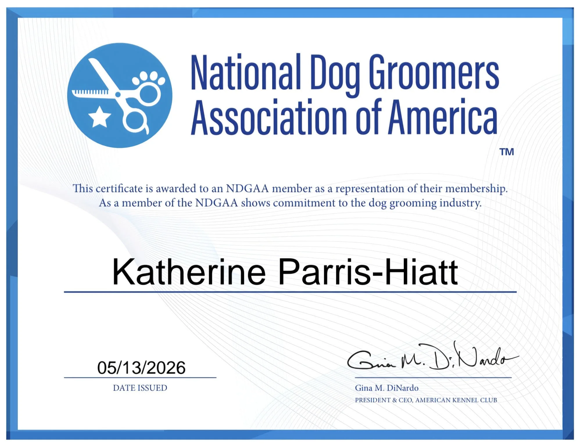 National Dog Groomers Association of America certificate for Katherine Parris-Hiatt