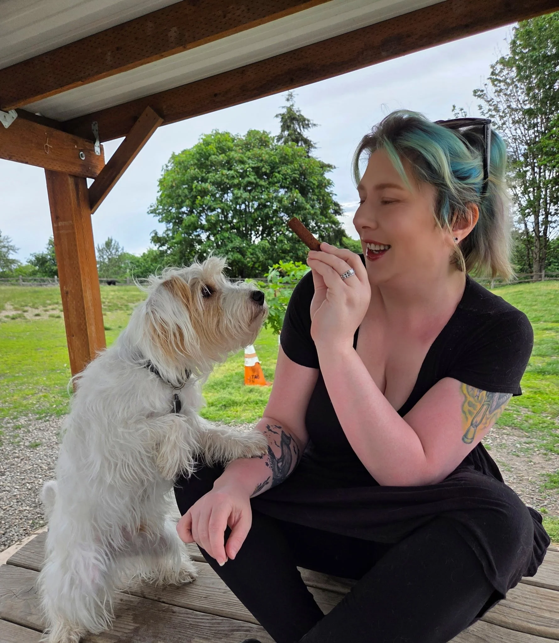 Kat playing with her beloved Parson Russell Terrier, Wheatley