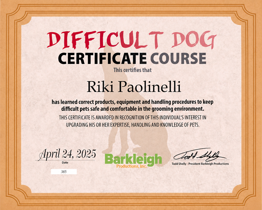 Barkleigh Difficult Dog course certificate for Riki Paolinelli