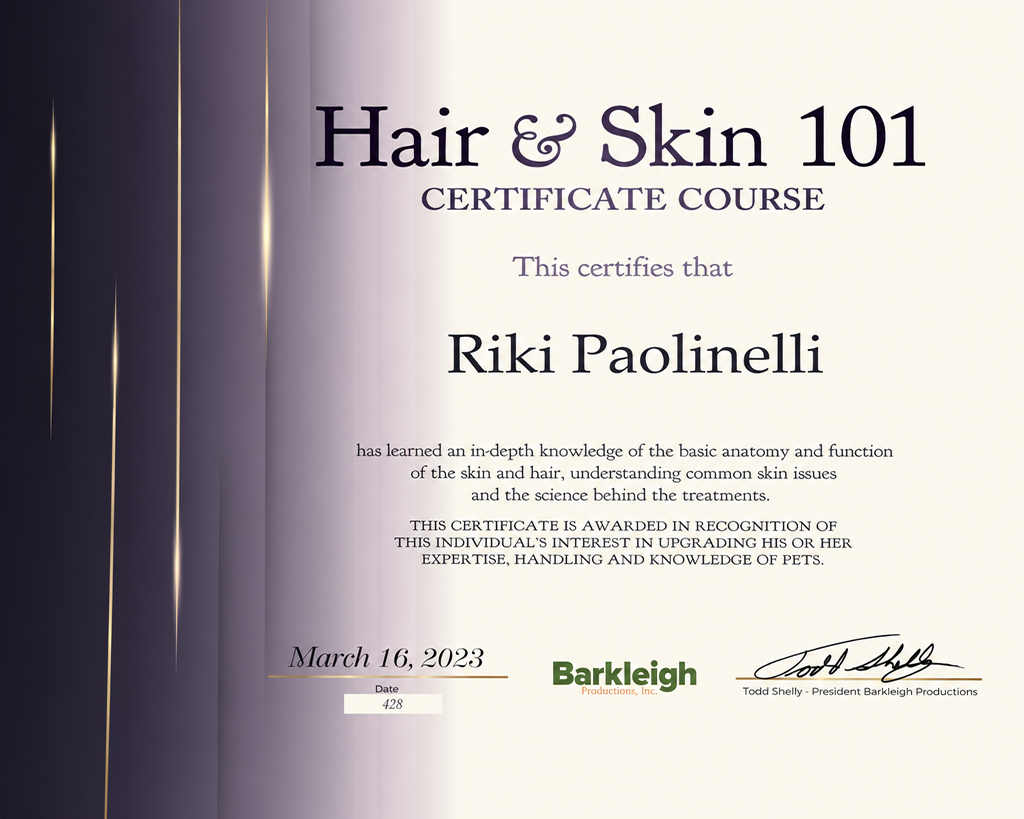 Barkleigh Hair & Skin 101 course certificate for Riki Paolinelli