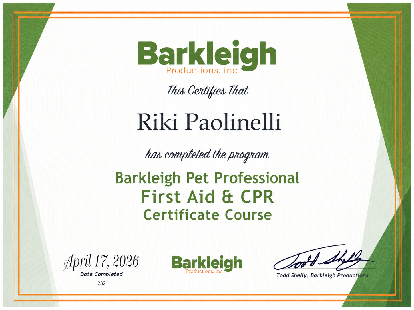 Barkleigh Pet Professional First Aid & CPR Course Certificate for Riki Paolinelli