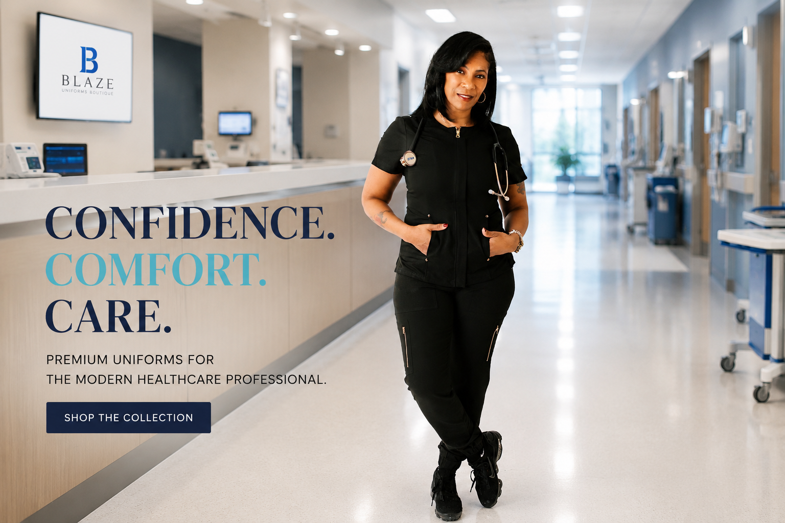 A confident female healthcare professional wearing black scrubs and a stethoscope standing in a hospital corridor. Overlaid text on the left promotes premium uniforms with the words "Confidence. Comfort. Care." and a call to action to shop the collection.