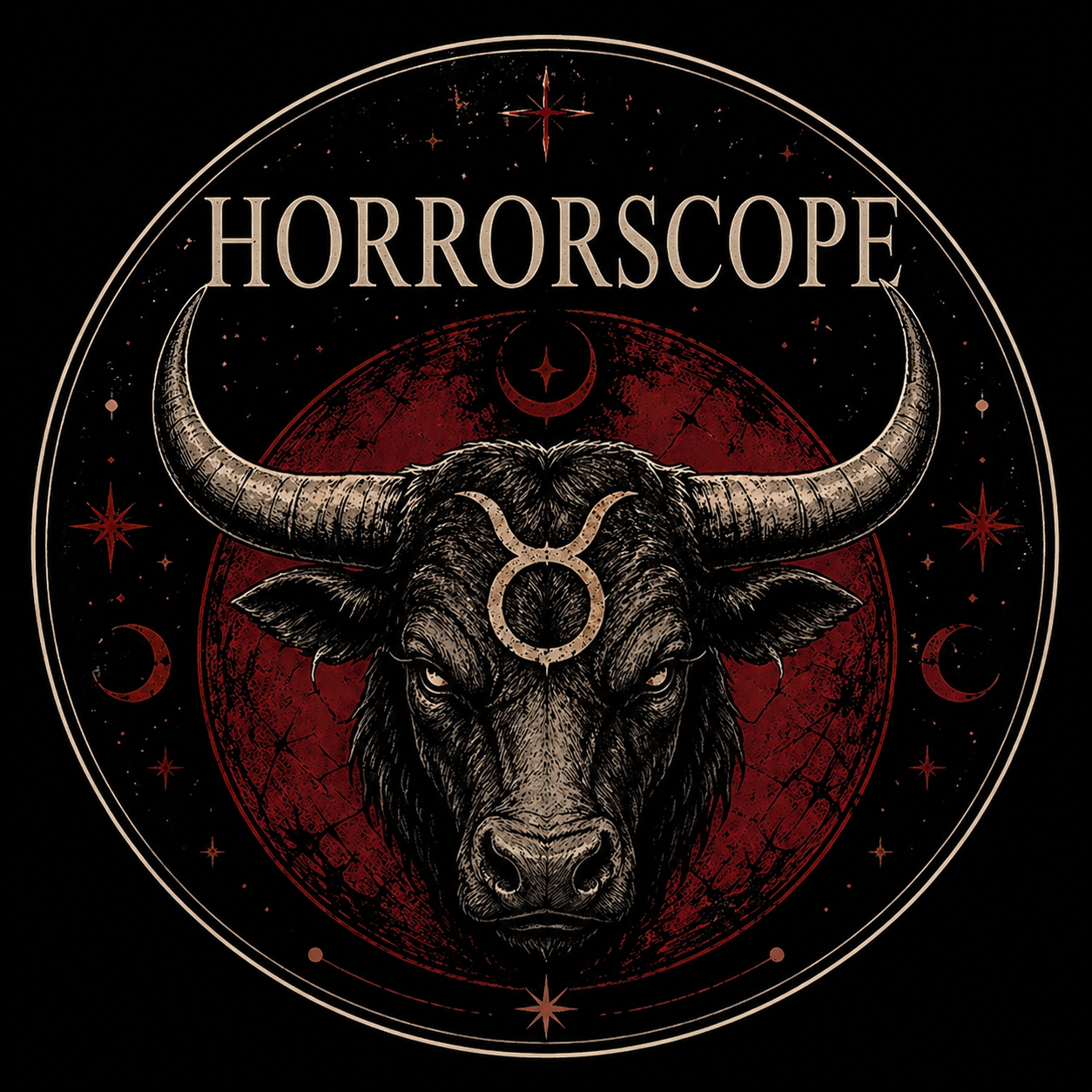 A dark, mystical illustration of a bull with large horns, featuring the word 'HORROROSCOPE' above it. The bull has a crescent moon symbol on its forehead and is set against a red and black celestial background with stars and crescent moons.