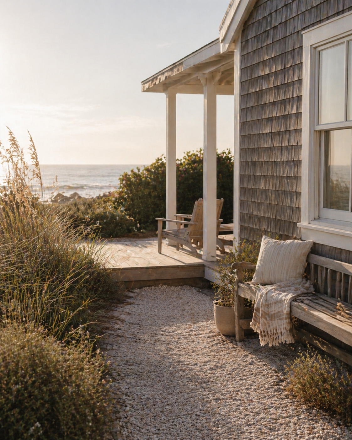 Beach house porch with wooden chairs, a bench with blanket, and ocean view in the background during sunset.
