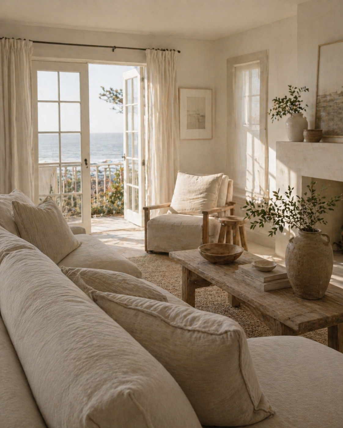 A cozy living room with cream-colored sofas and pillows, a rustic wooden coffee table with bowls and books, sunlight streaming through glass doors opening to a balcony with ocean view, and a potted plant on the mantle.