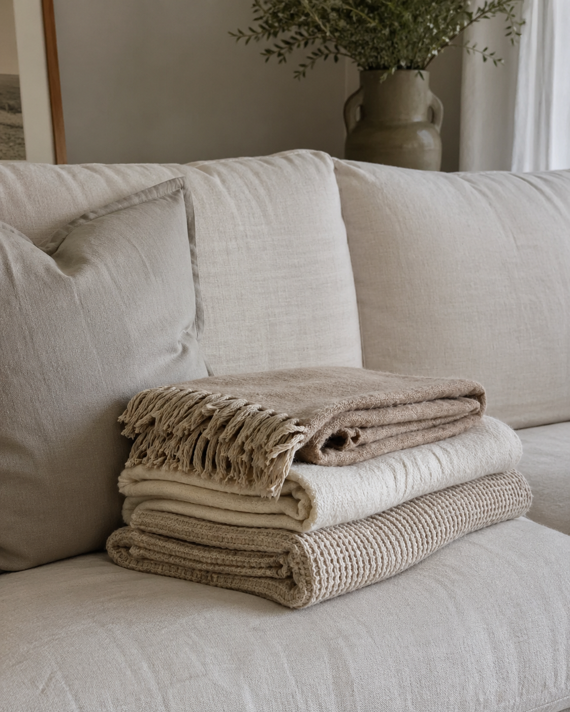 Stack of four folded neutral-colored blankets on a cream sofa in a cozy living room with a large vase of greenery in the background.