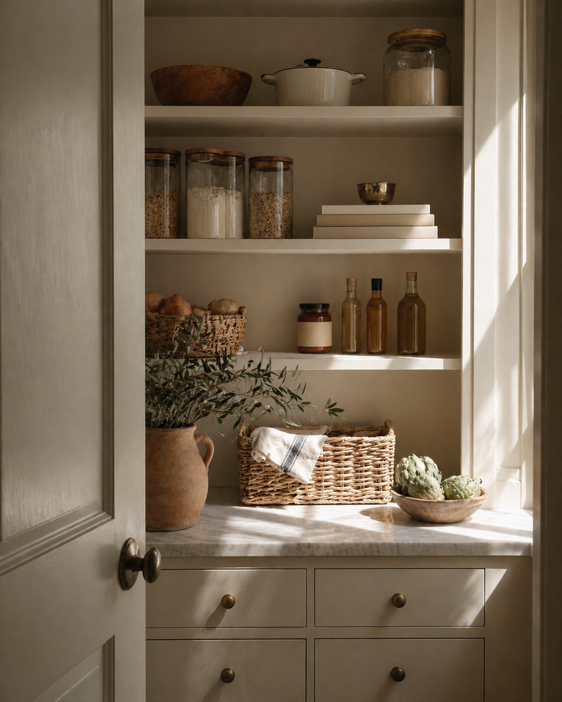A kitchen pantry with open shelves containing jars of pasta, spices, a bowl, and a stack of books; a large potted plant, woven baskets with vegetables, and artichokes on the countertop, illuminated by sunlight.