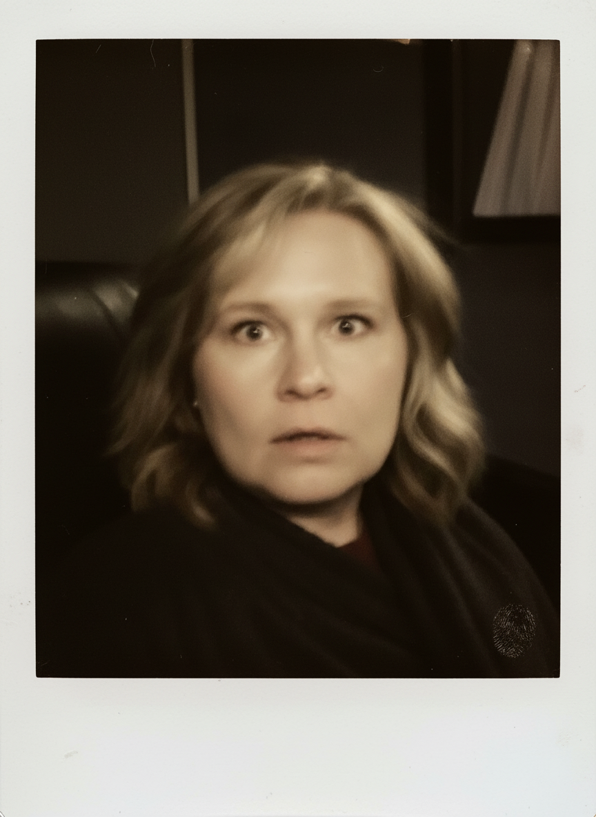 A woman with shoulder-length light brown hair, sitting in a dark room, looking directly at the camera with a surprised or confused expression.