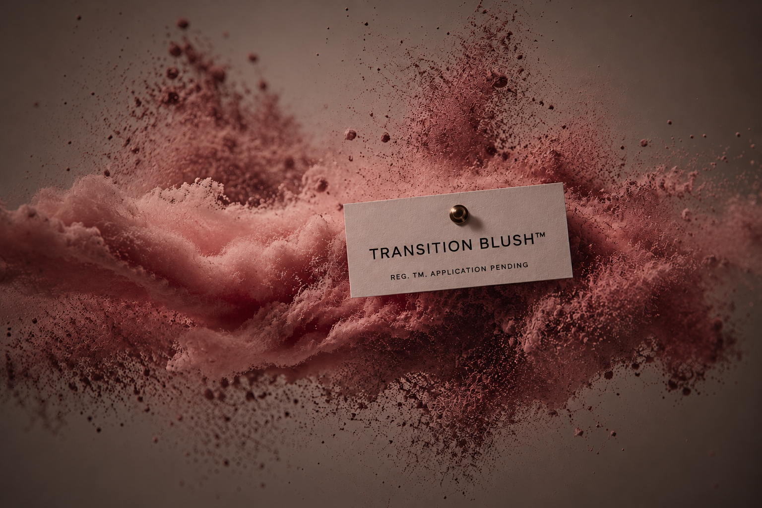 A branded “TRANSITION BLUSH™” card emerges from a dramatic explosion of rose-toned pigment, symbolizing transformation, movement, and beauty through layered clouds of blush and burgundy powder.