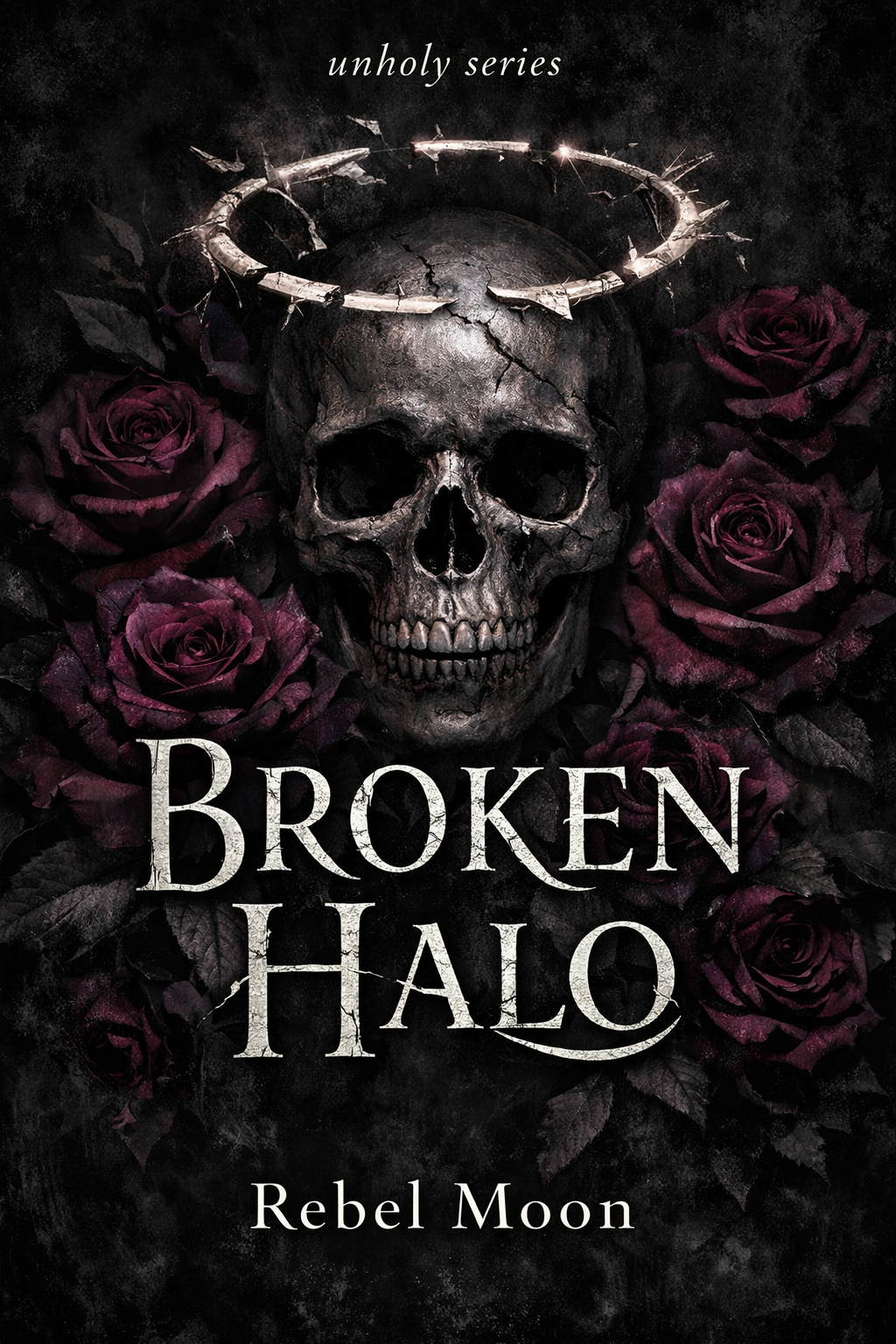 Book cover featuring a cracked skull with dark purple roses around it, a metallic halo above the skull, and the title 'Broken Halo' by Rebel Moon at the bottom.