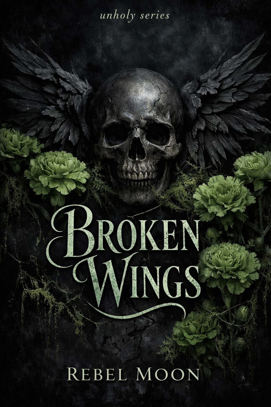 A dark fantasy book cover featuring a skull with cracked surface, black wings, green plants, and the title 'Broken Wings' with the author's name 'Rebel Moon'. The series is called 'Unholy Series'.